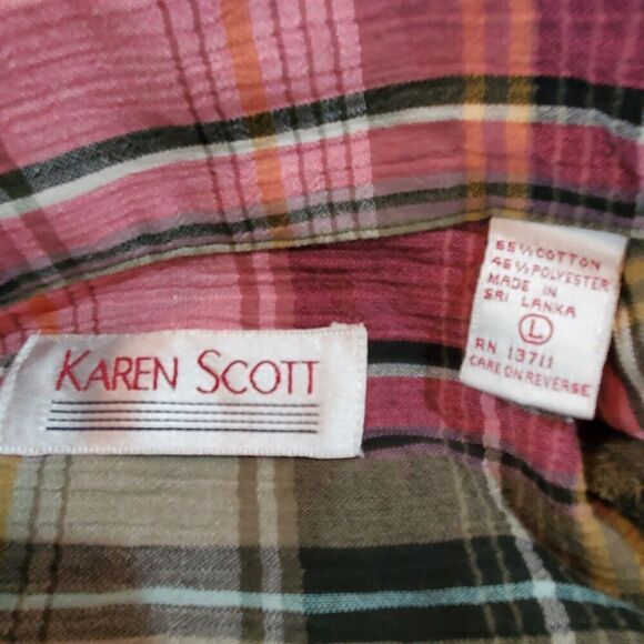 Vintage Karen Scott Blouse Womens Size Large Pink Plaid Button Up Cottage Preppy - Picture 8 of 8